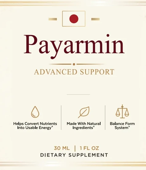 The front panel of the label: Payarmin, Advanced Support, three icon claims, 30 ML | 1 FL OZ, Dietary Supplement
