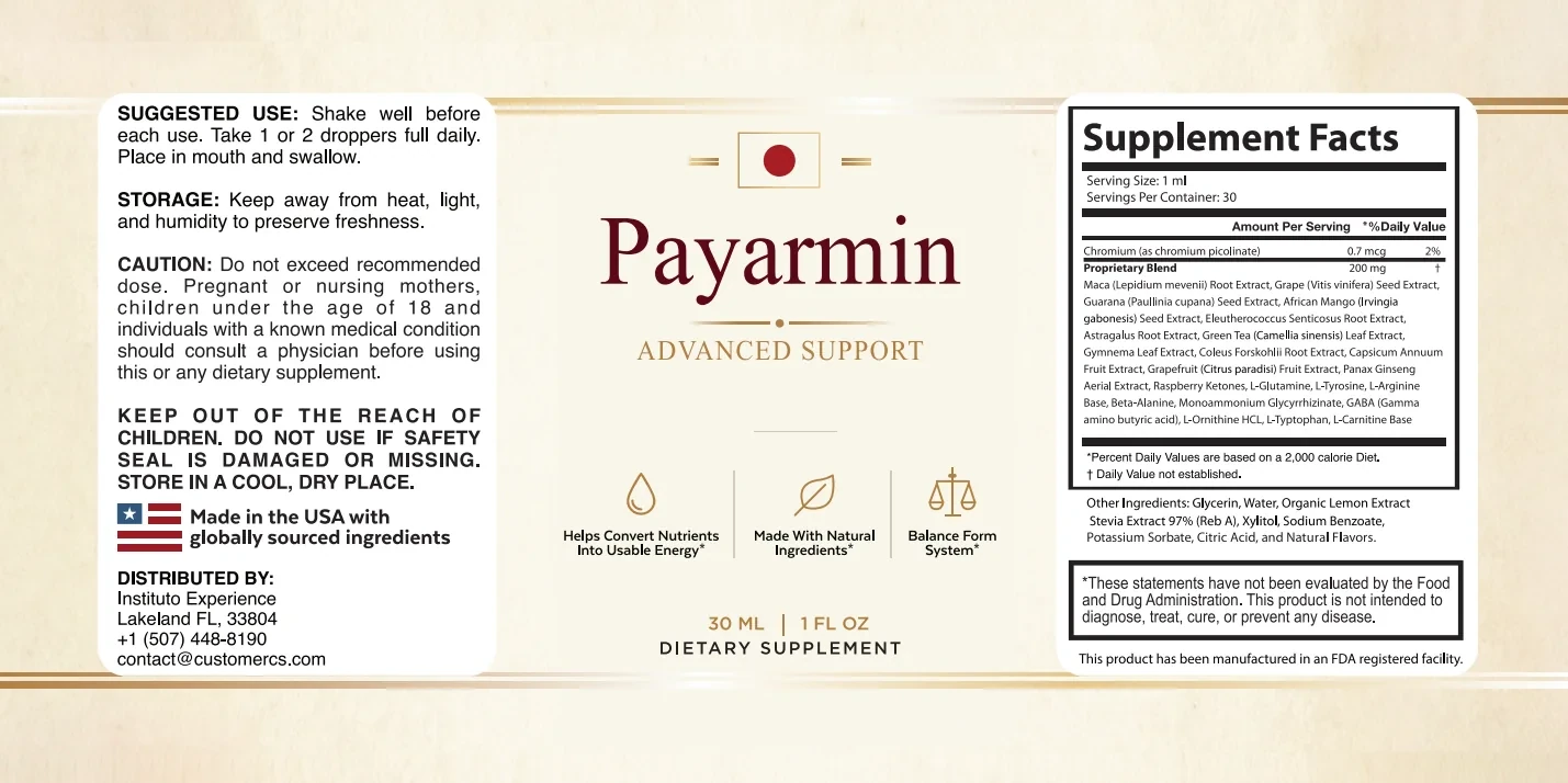 The flat Payarmin label: directions and cautions on a white panel at left, the Payarmin name with a red circle and three icon claims in the middle, the Supplement Facts panel at right